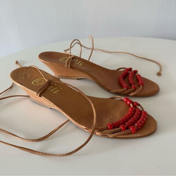 Vintage Red Beaded Leather Ankle Wrap Wedges - Picture 3 of 10